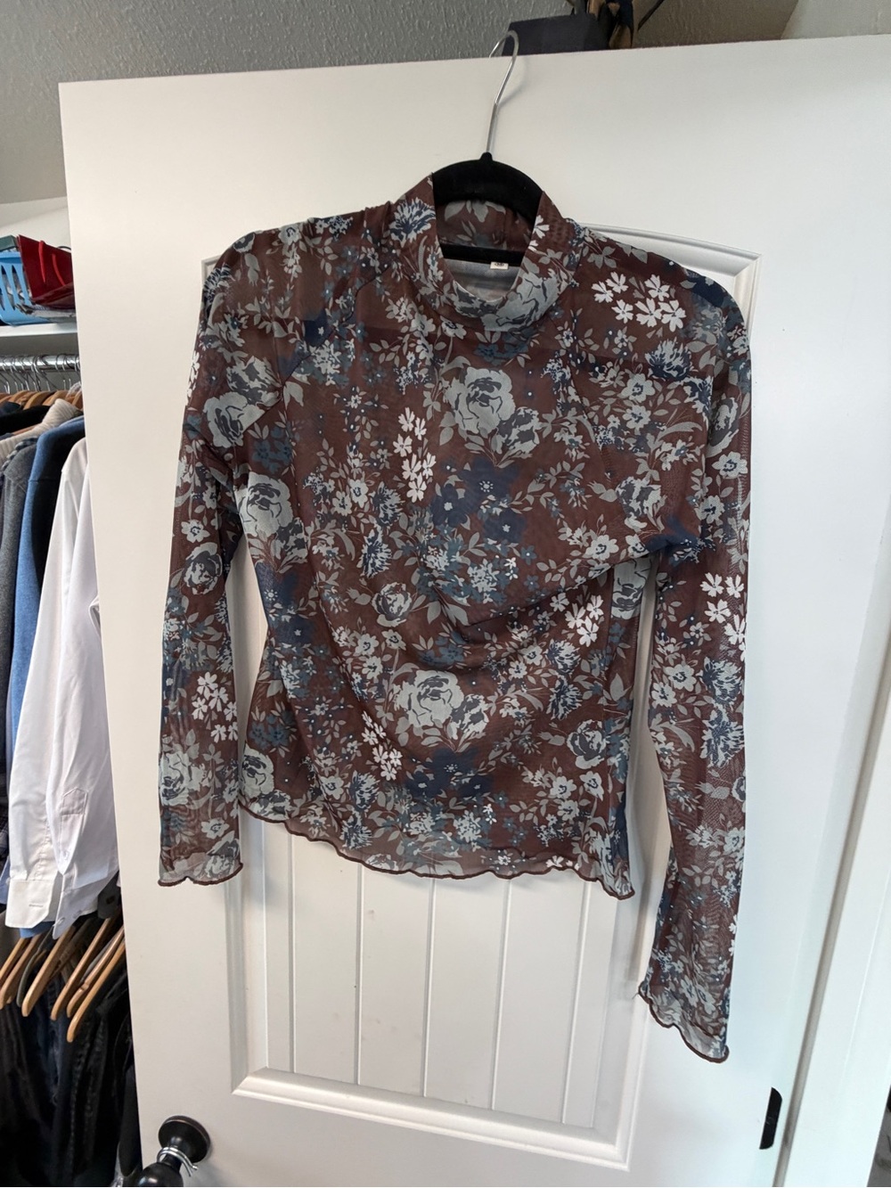 Brown Floral Long-Sleeve Mesh Top